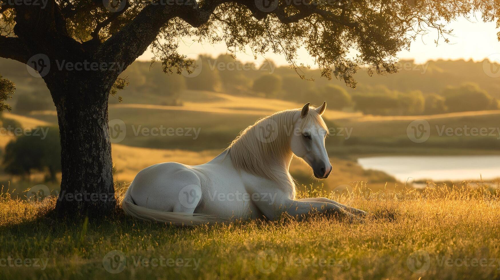 White horse resting under a tree at sunset near a lake photo