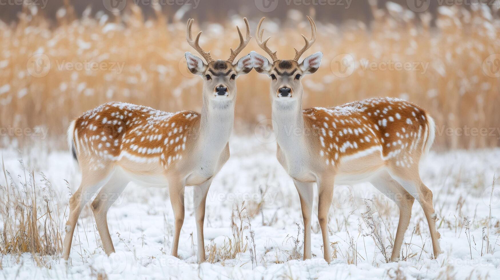 Two sika deer standing in snowy field with tall grass background photo