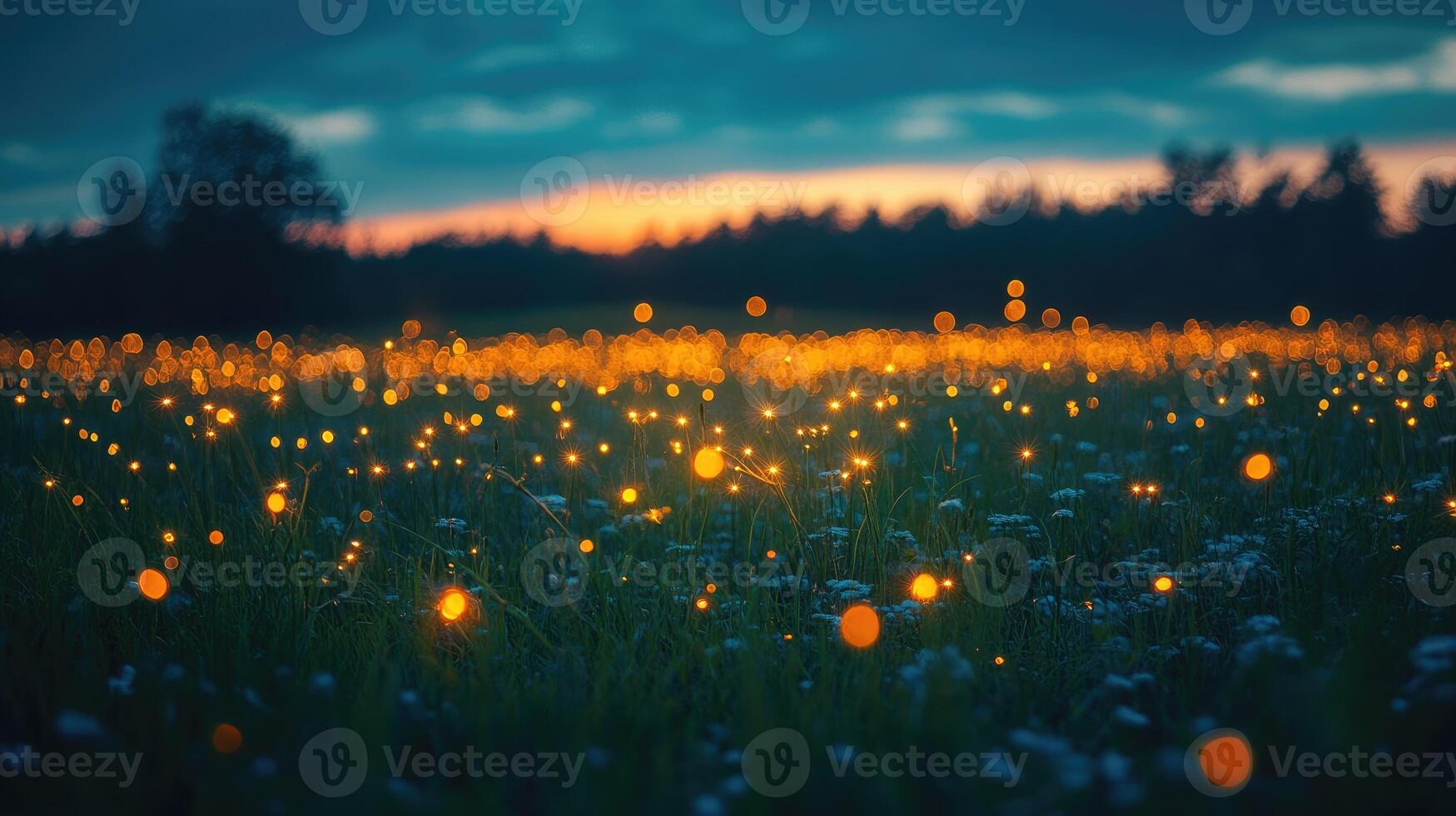 Glowing fireflies light up a magical field at twilight photo