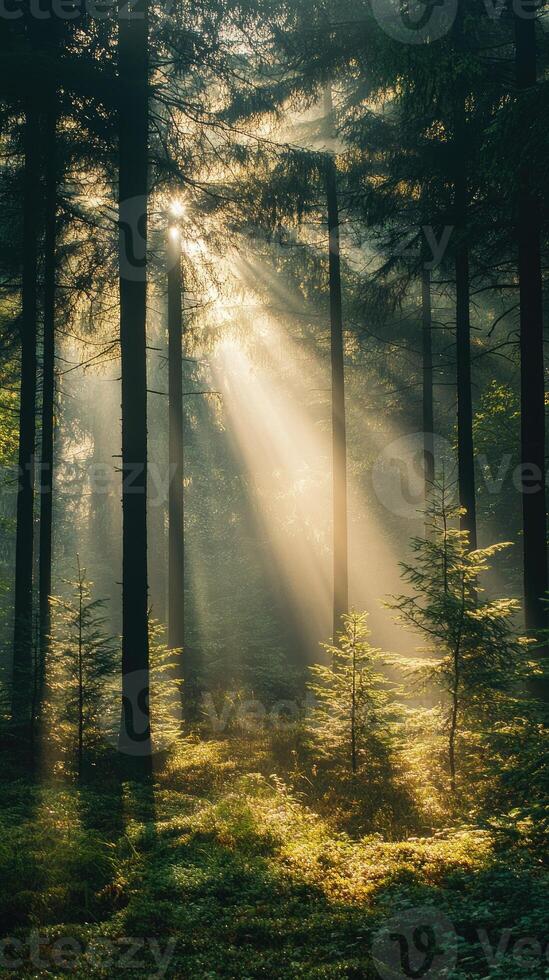 Sunbeams filtering through foggy forest creating magical atmosphere photo