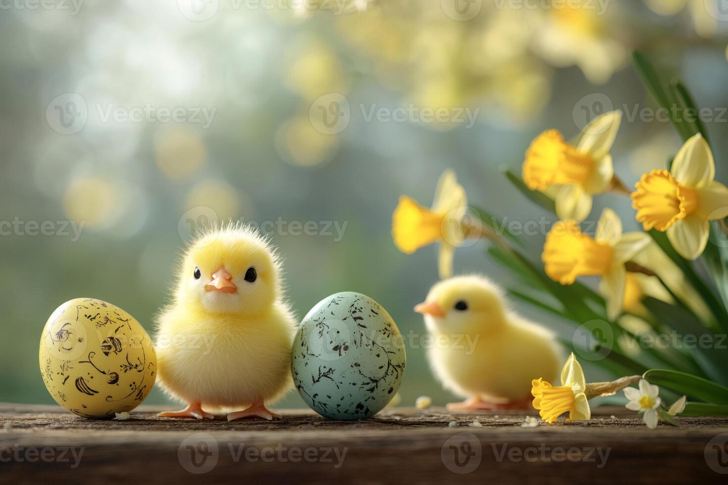 Two baby chicks posing with easter eggs and daffodils in spring photo