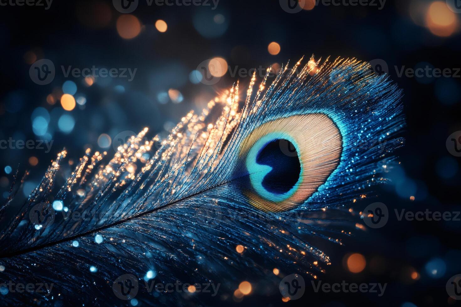 Vibrant peacock feather glistening with dewdrops in twilight ambiance photo