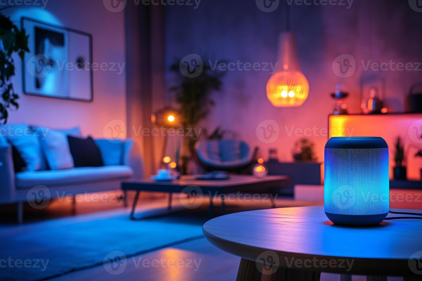 Smart speaker illuminating modern living room with colorful ambient lighting photo