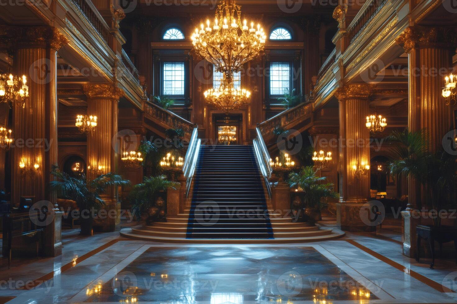 Luxurious golden staircase illuminating hotel lobby with ornate chandeliers photo
