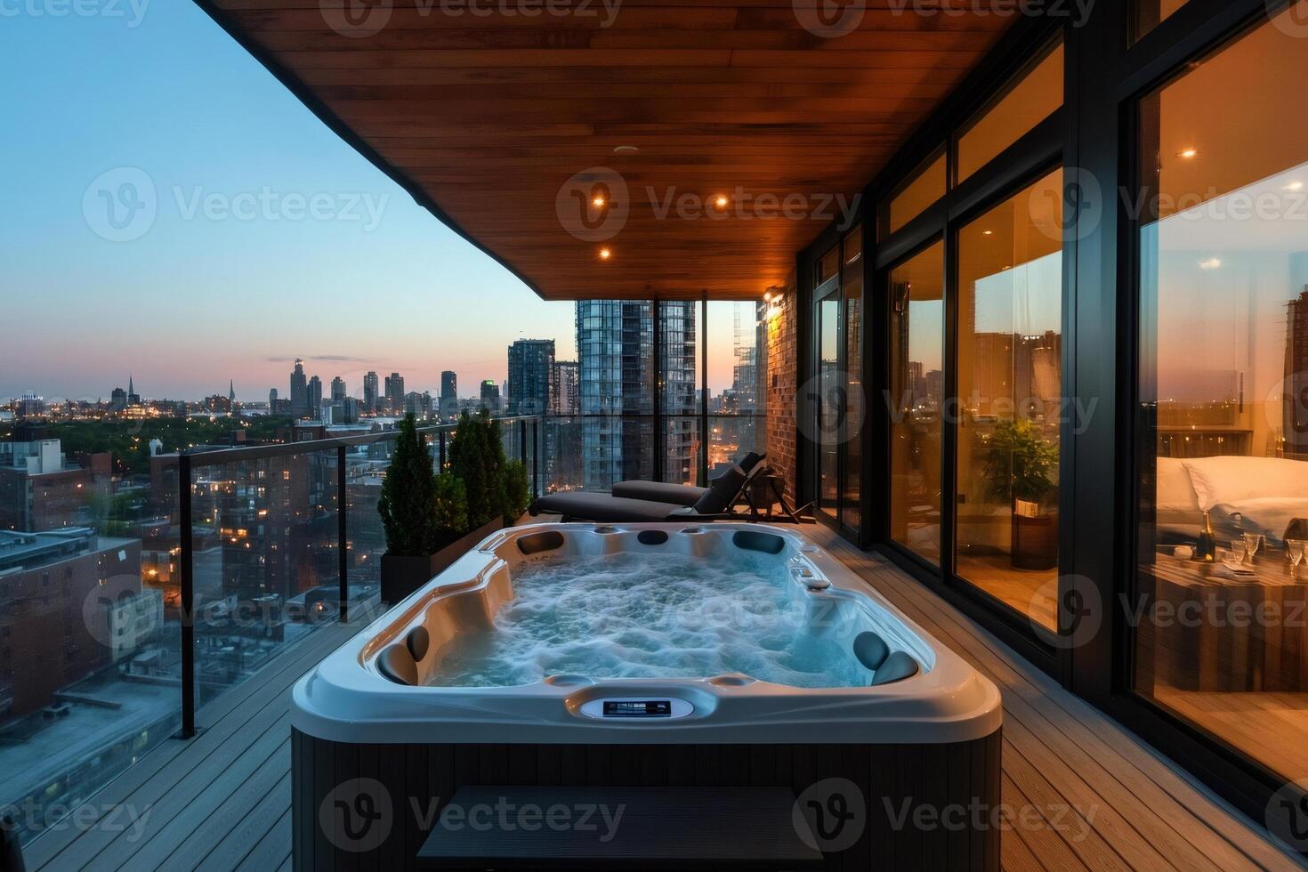 Modern rooftop jacuzzi overlooking city skyline at sunset photo