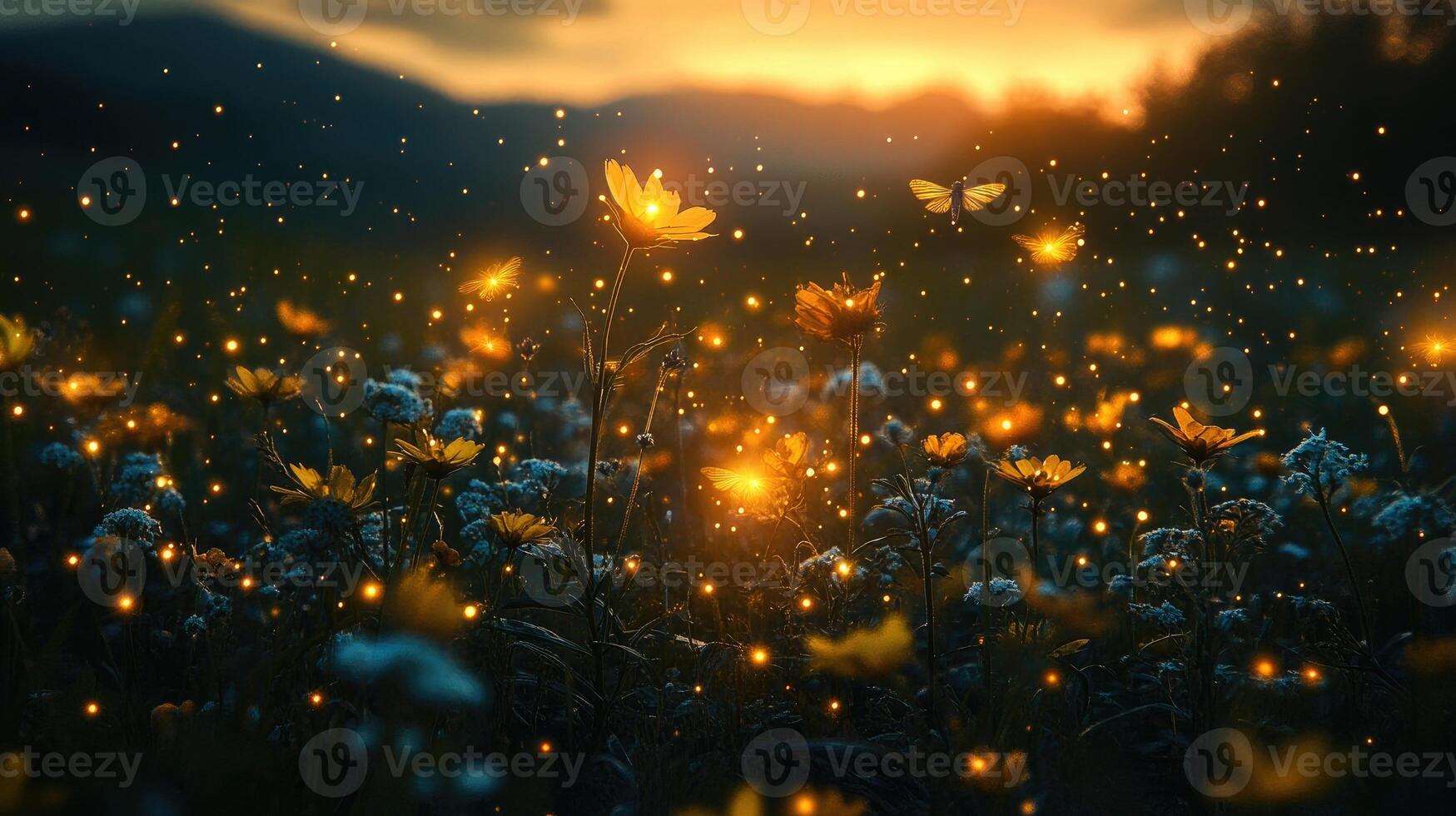 Glowing flowers and fireflies at sunset creating a magical atmosphere photo