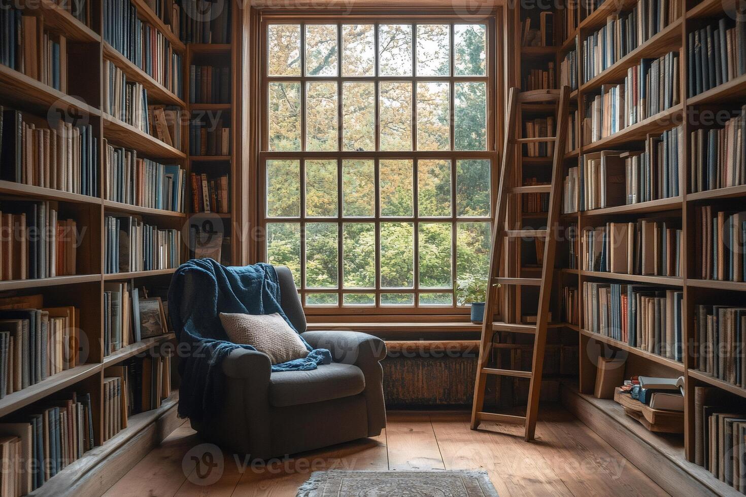 Cozy reading nook invites relaxation in a book filled library with wooden ladder and window view photo