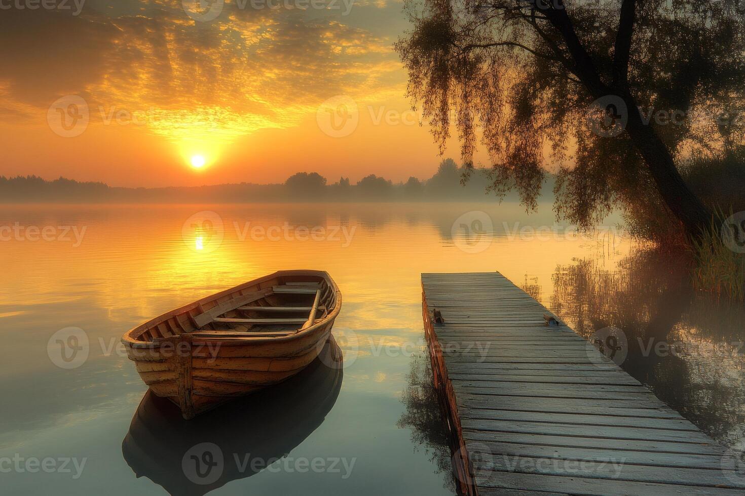 Wooden boat floating on calm lake at sunrise with pier and tree photo
