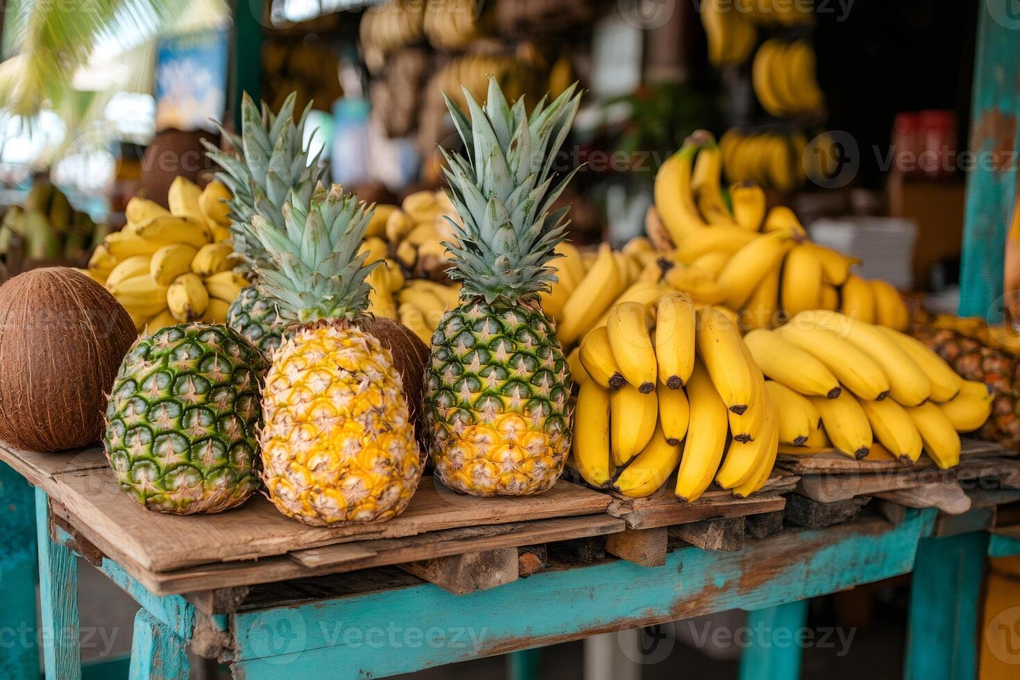 Pineapples, bananas, and coconuts resting on wooden table at tropical fruit stand photo