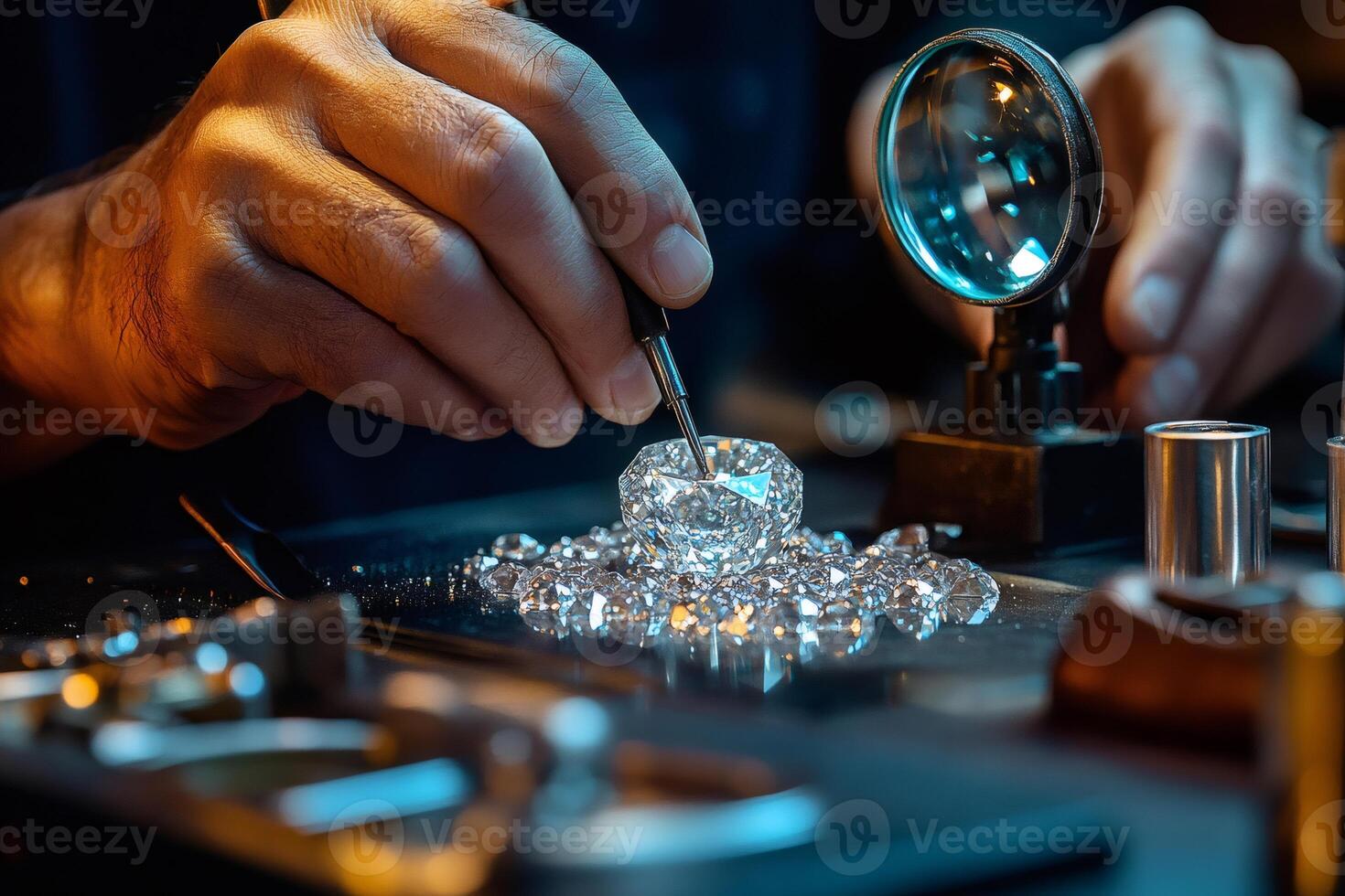 Jeweler working with diamonds and using a magnifying glass photo