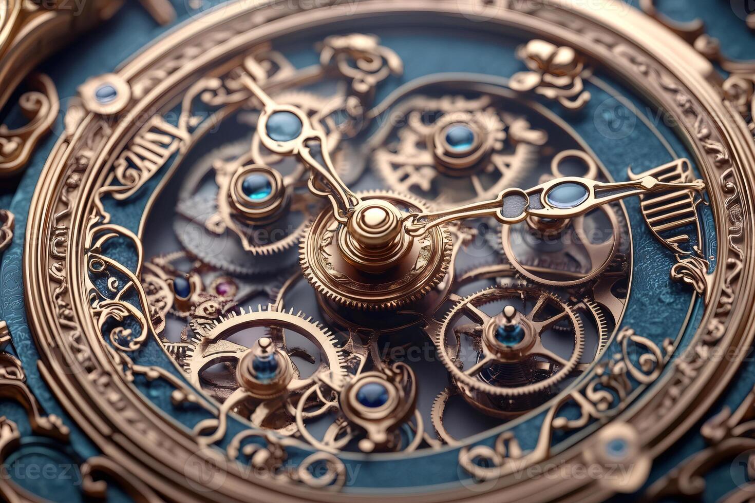 Intricate clockwork mechanism with gold gears and jewels displaying time photo