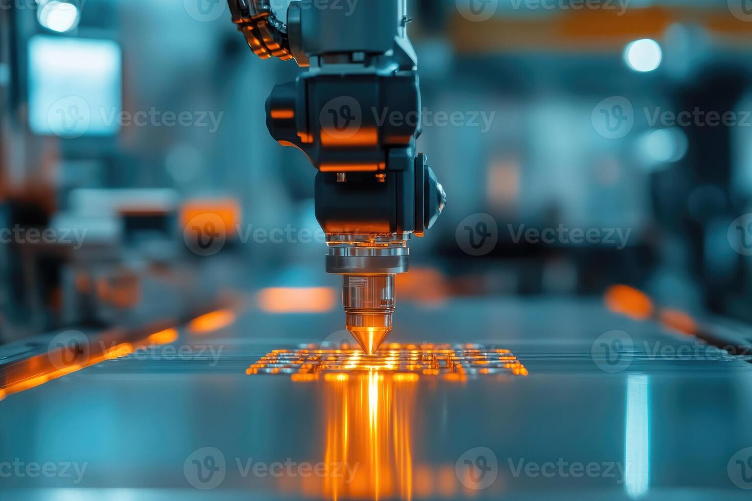 Robotic arm working with laser on metal plate in factory photo