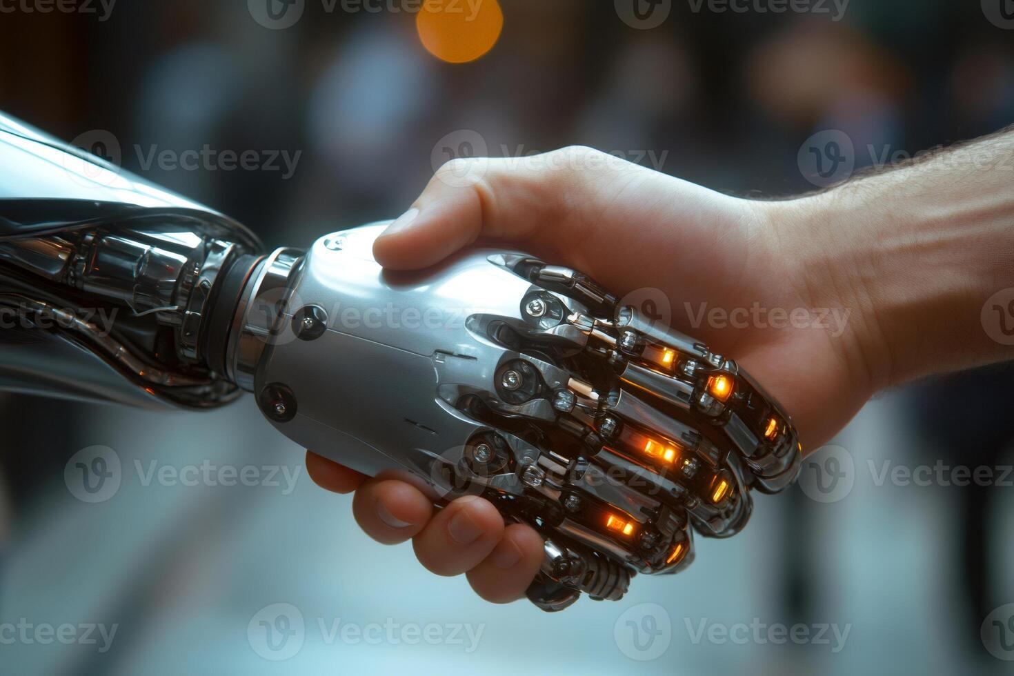 Businessman shaking hands with a robot showing artificial intelligence photo