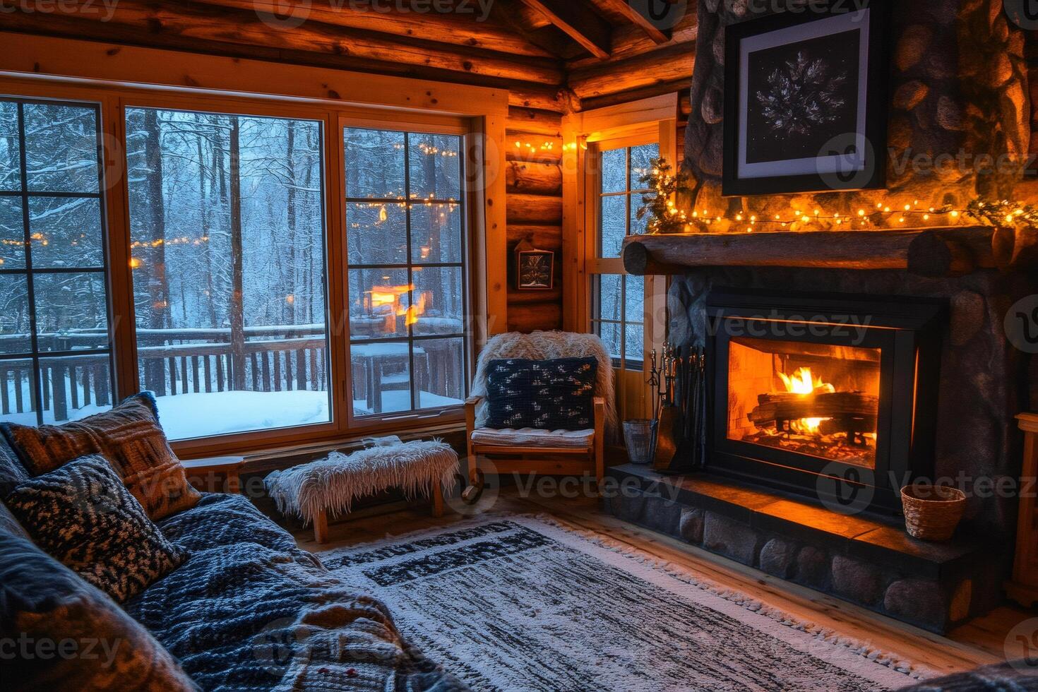 Warm fire burning in fireplace of cozy winter cabin with snowy view photo