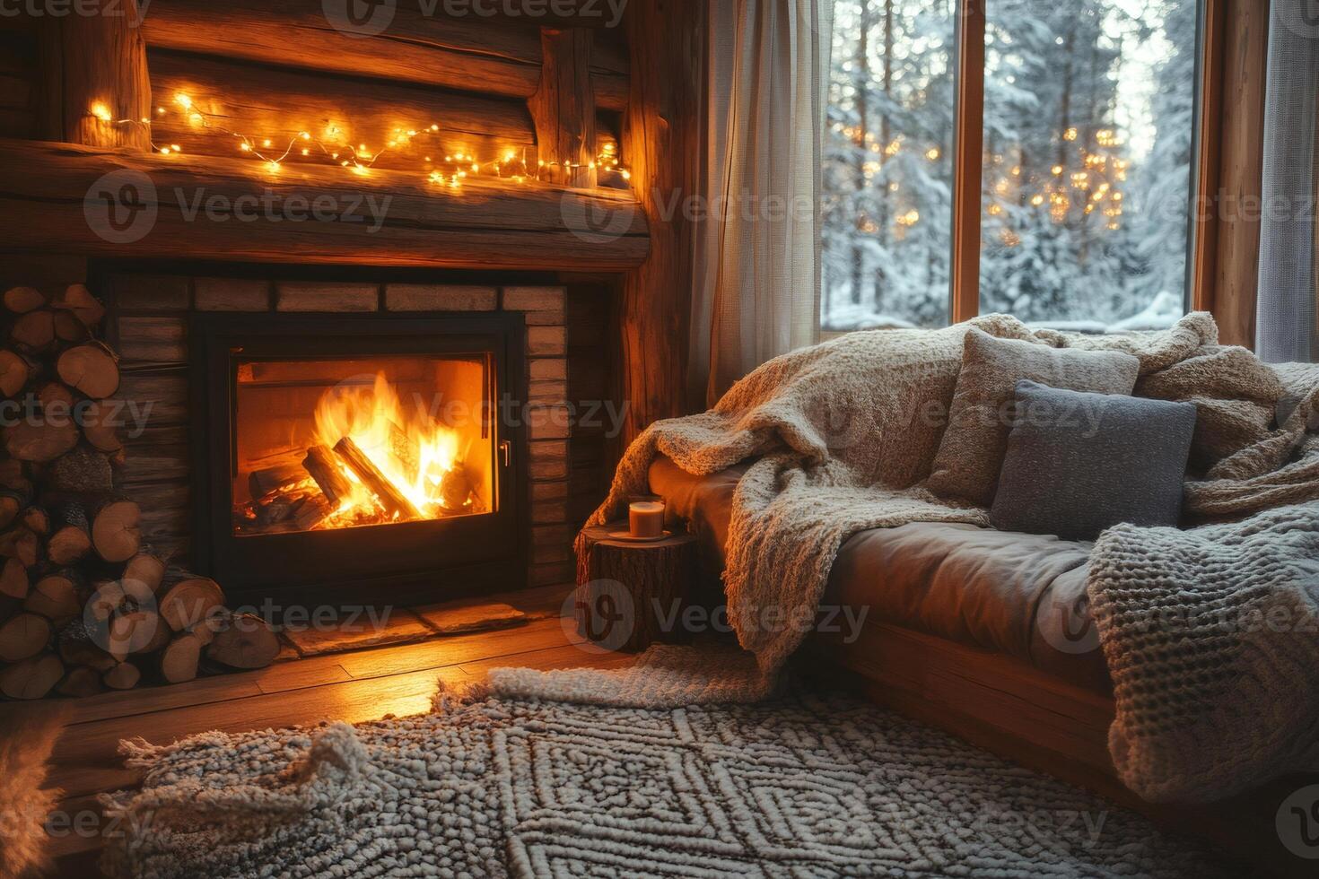 Burning fireplace warming cozy living room in log cabin during winter photo
