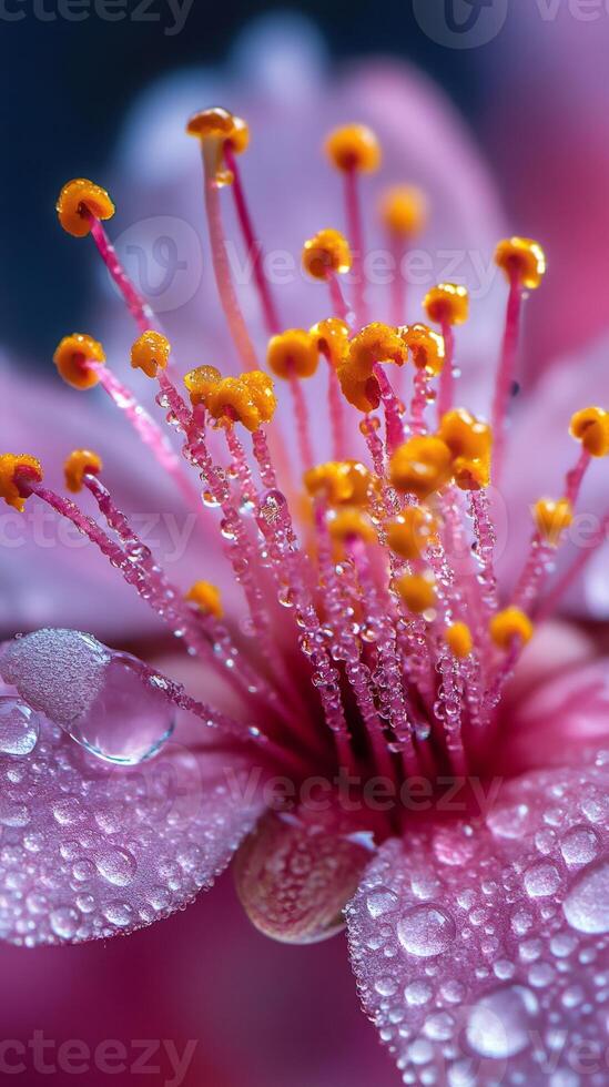 Pink flower covered in dew drops showing stamens and petals photo