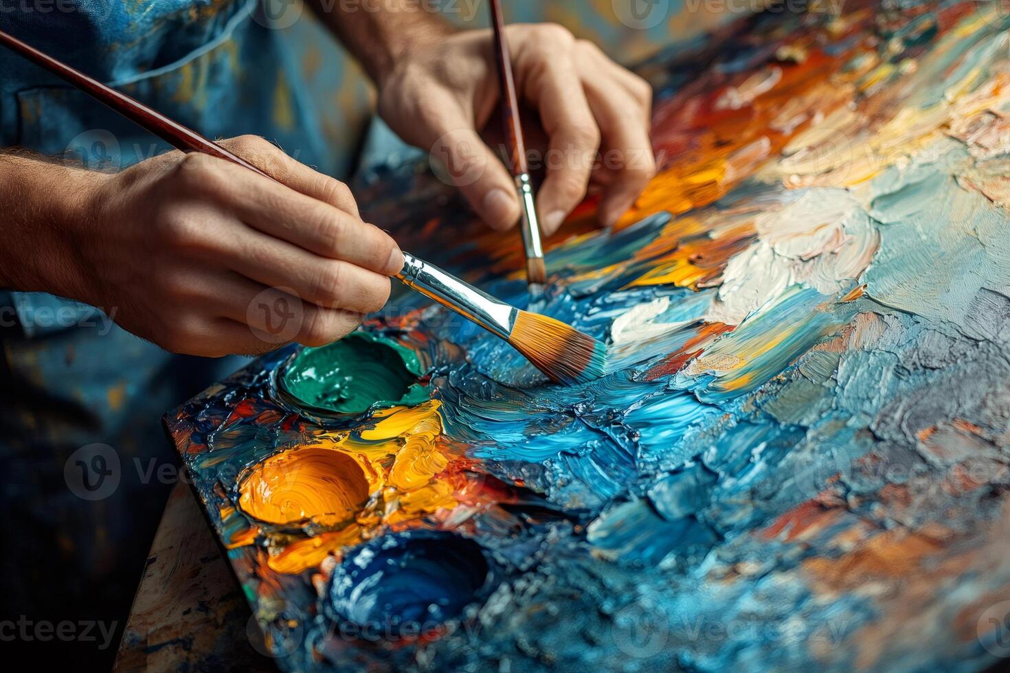 Painter picking up colorful oil paint with brush from palette photo
