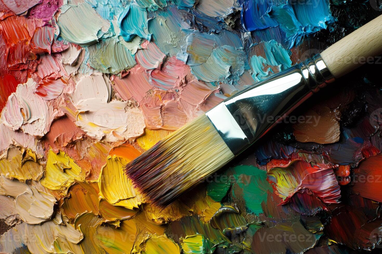 Paintbrush resting on vibrant palette with thick impasto strokes photo