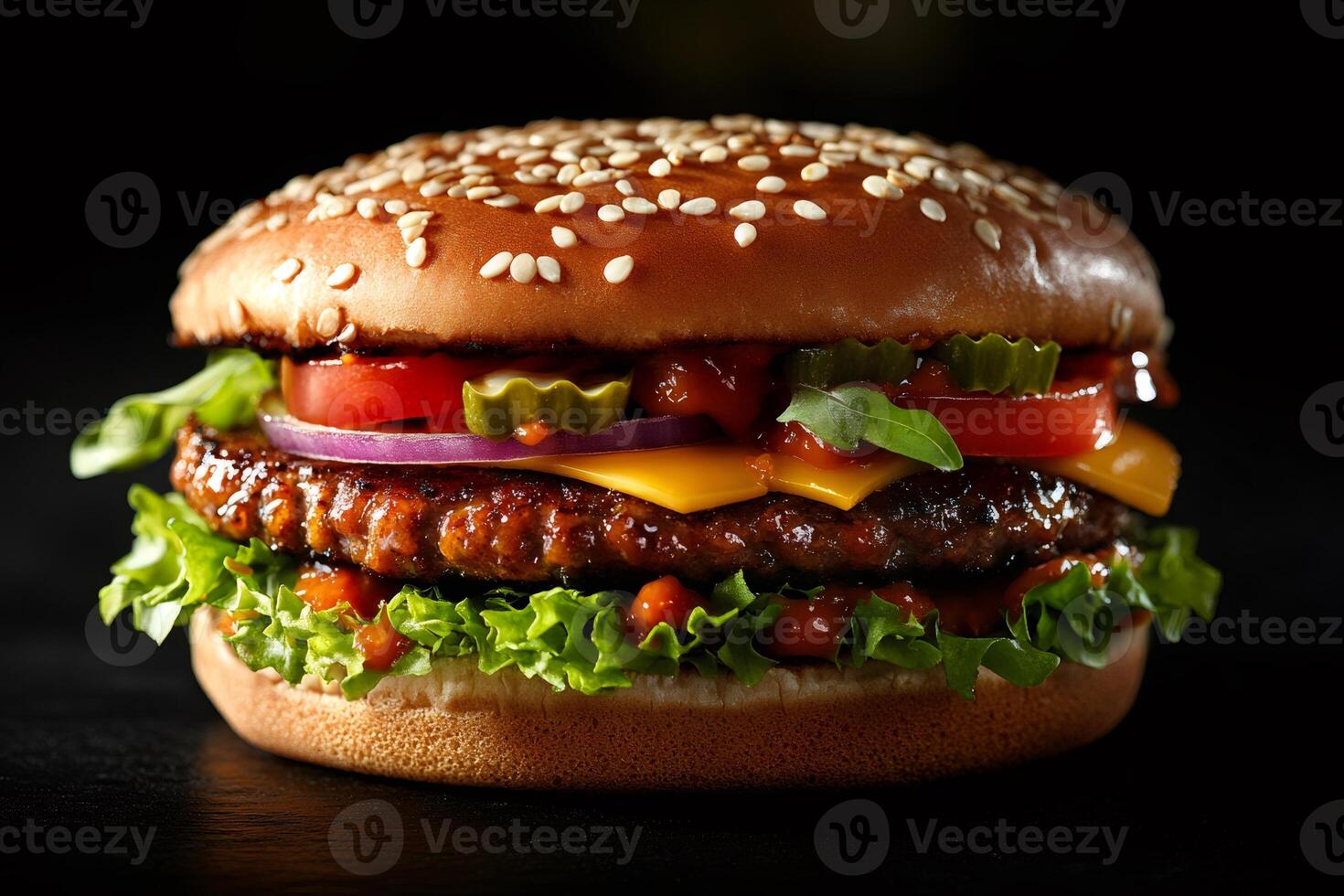 Delicious burger with lettuce, tomato, pickles, onion, cheese and sesame bun on black background photo