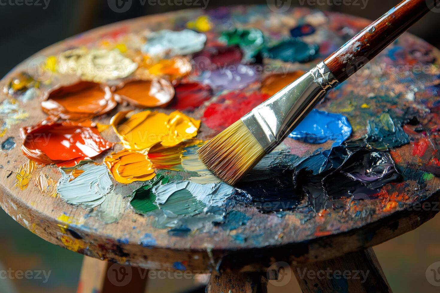 Paintbrush picking up yellow oil paint from artist's palette photo