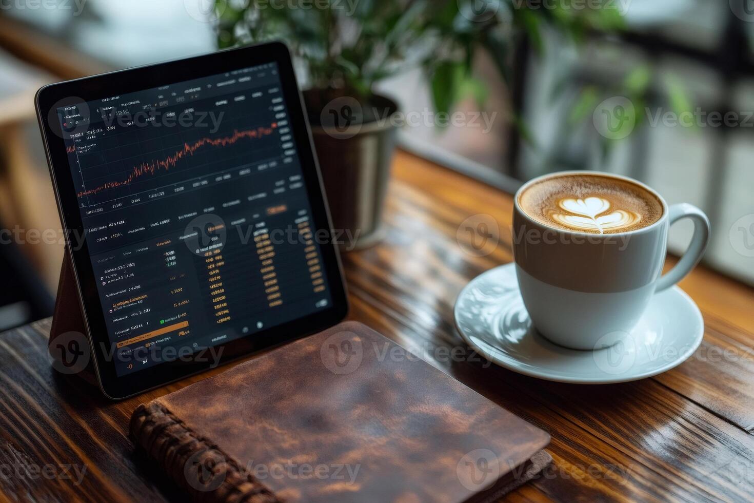 Trader drinking cappuccino and analyzing cryptocurrency charts on tablet photo