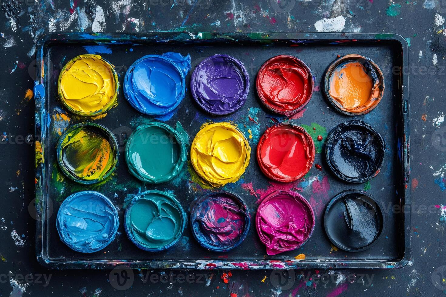 Colorful paint palette inspiring artistic creation on messy table photo