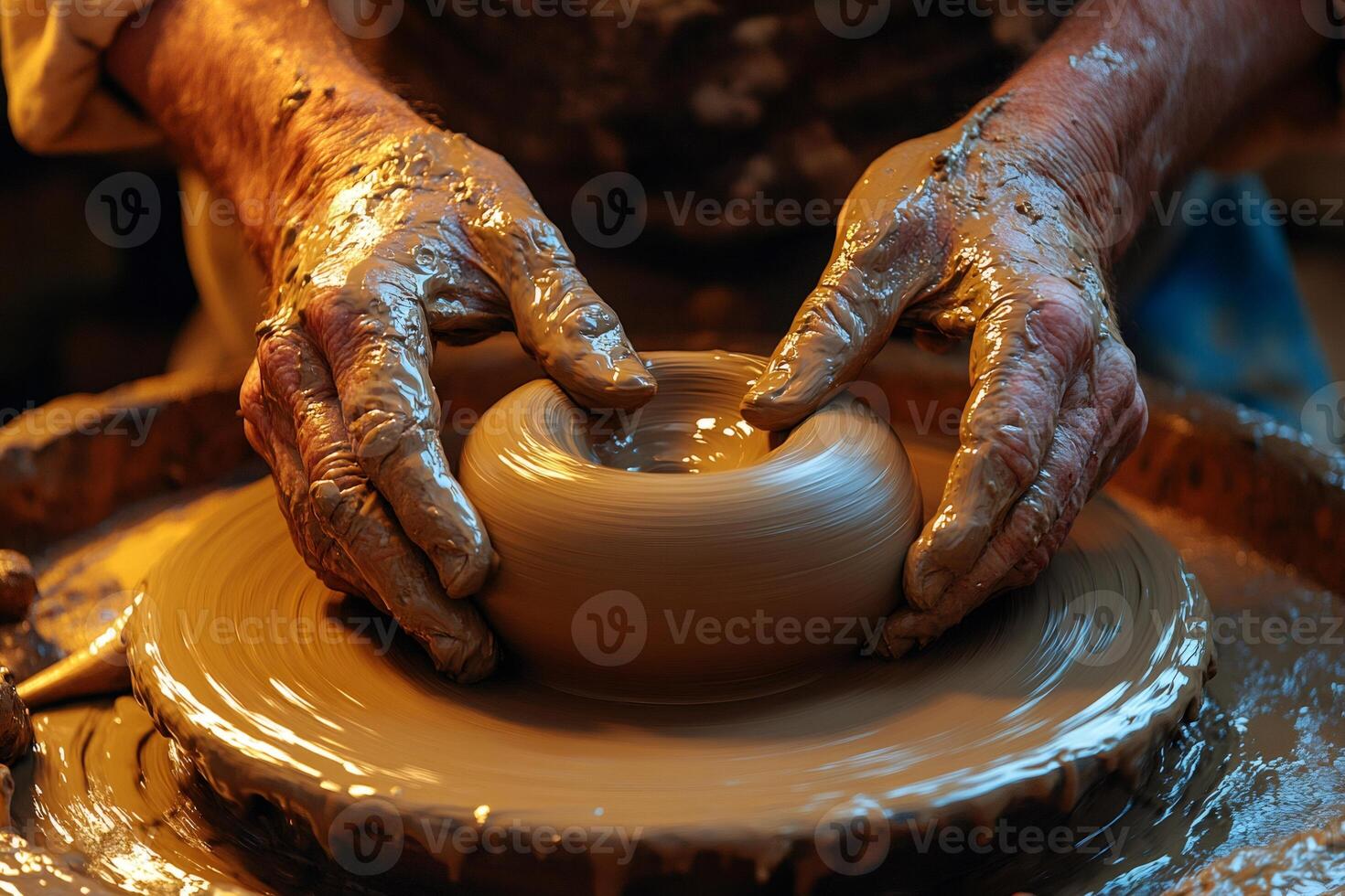 Potter creating clay vessel on pottery wheel photo