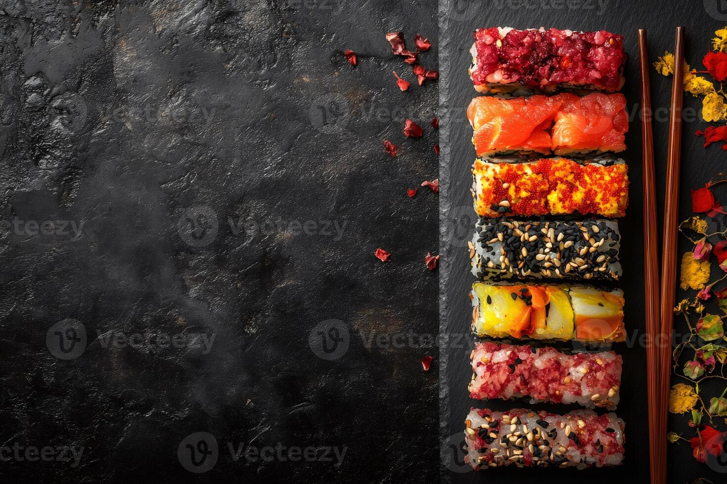 Colorful sushi rolls with chopsticks on black background photo