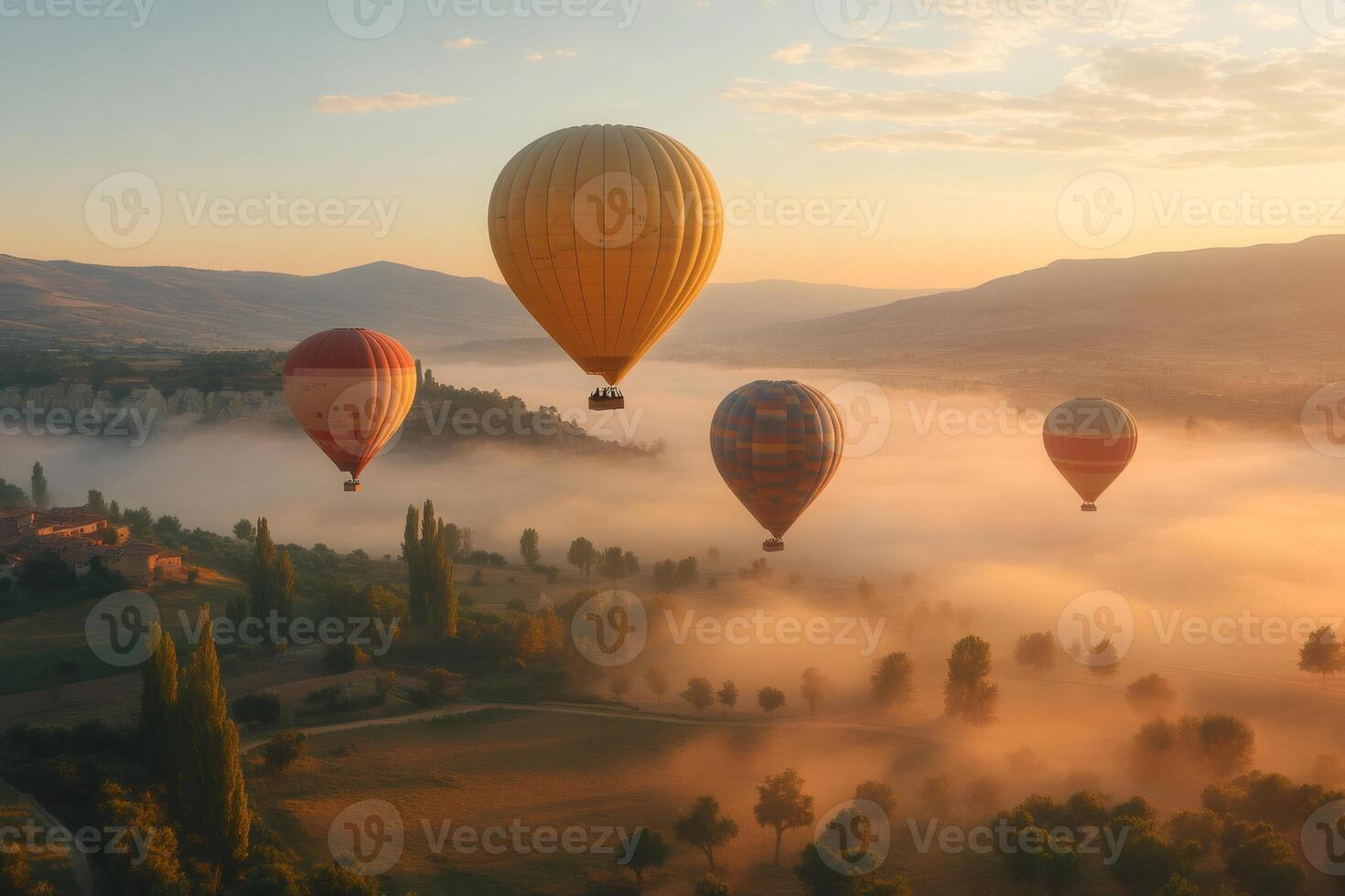 Hot air balloons flying over cappadocia at sunrise with fog photo