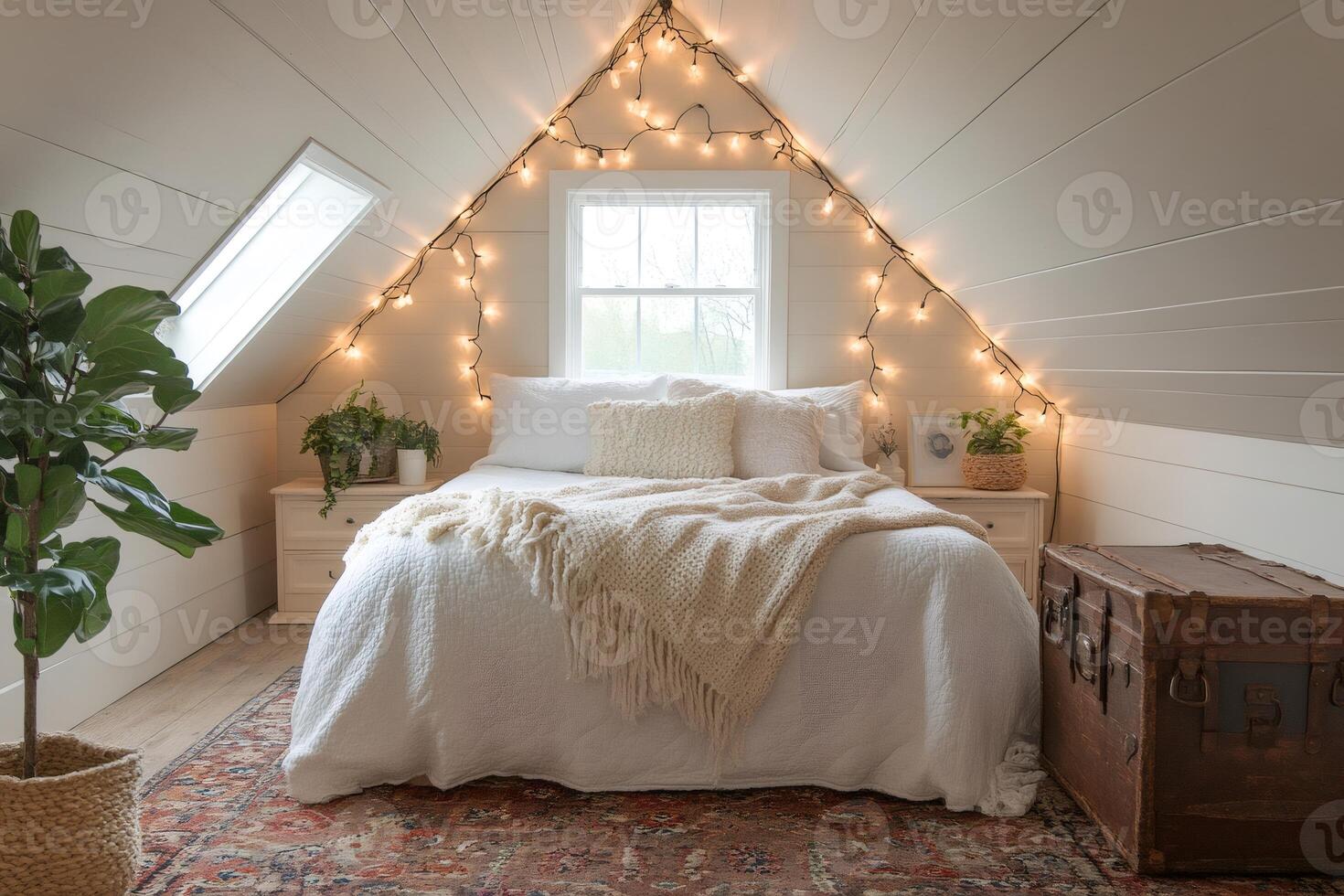 Cozy attic bedroom with fairy lights creating a relaxing atmosphere photo