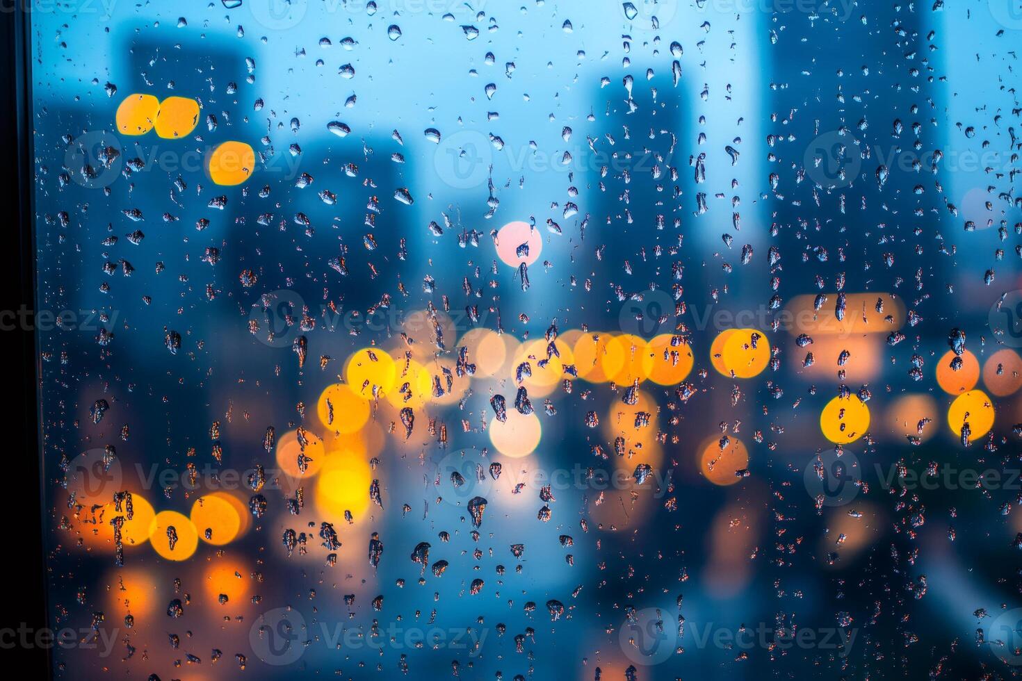 Rain falling on window glass overlooking city lights at dusk photo