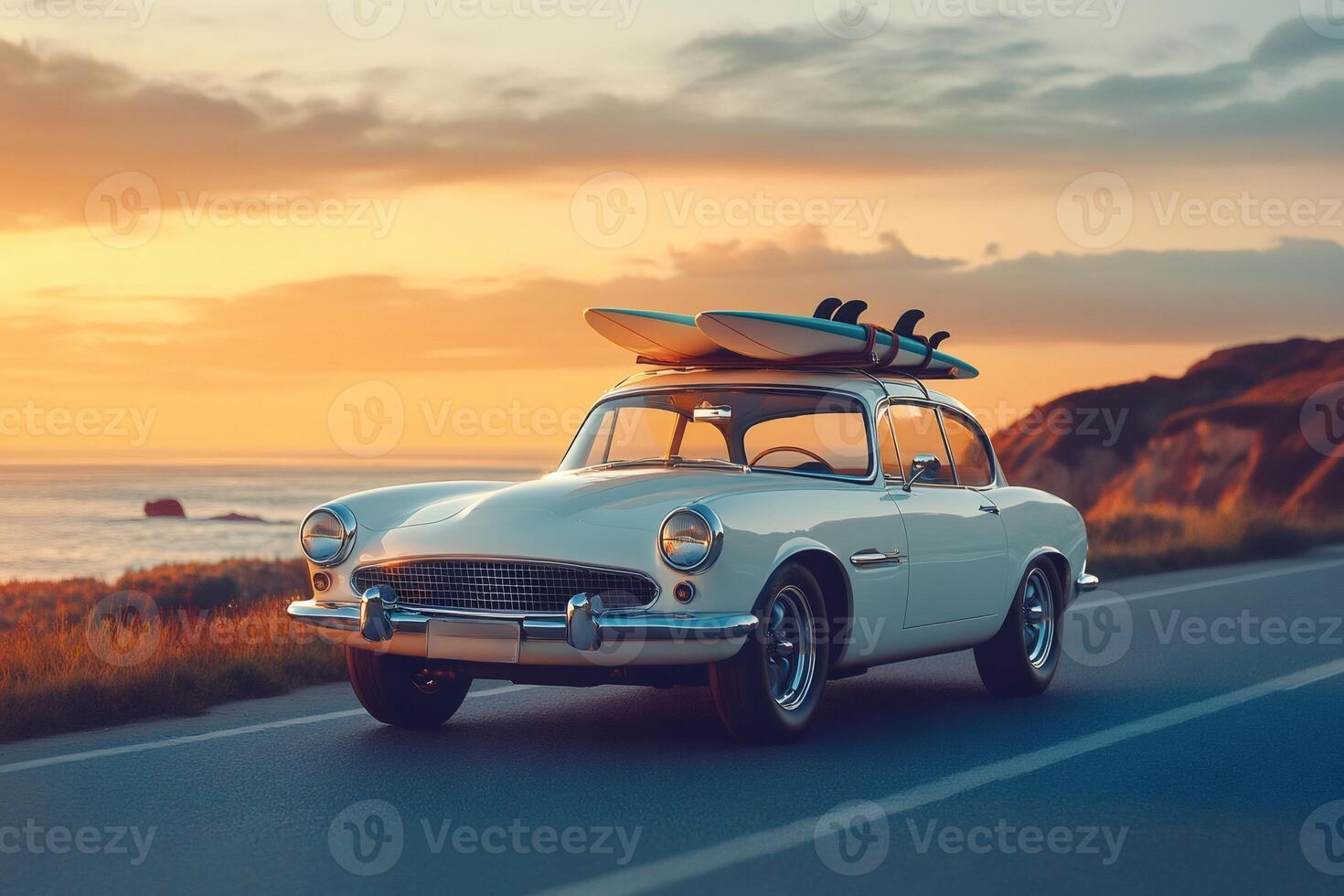Classic car carrying surfboards driving into the sunset on coastal highway photo