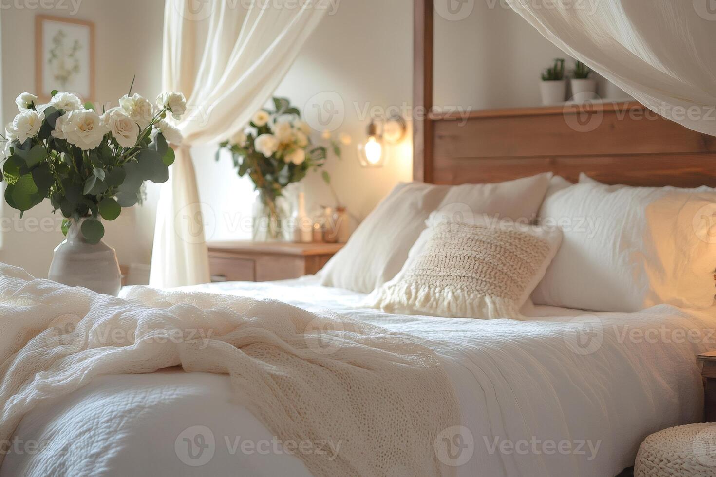 Cozy canopy bed with white roses creating a romantic atmosphere photo