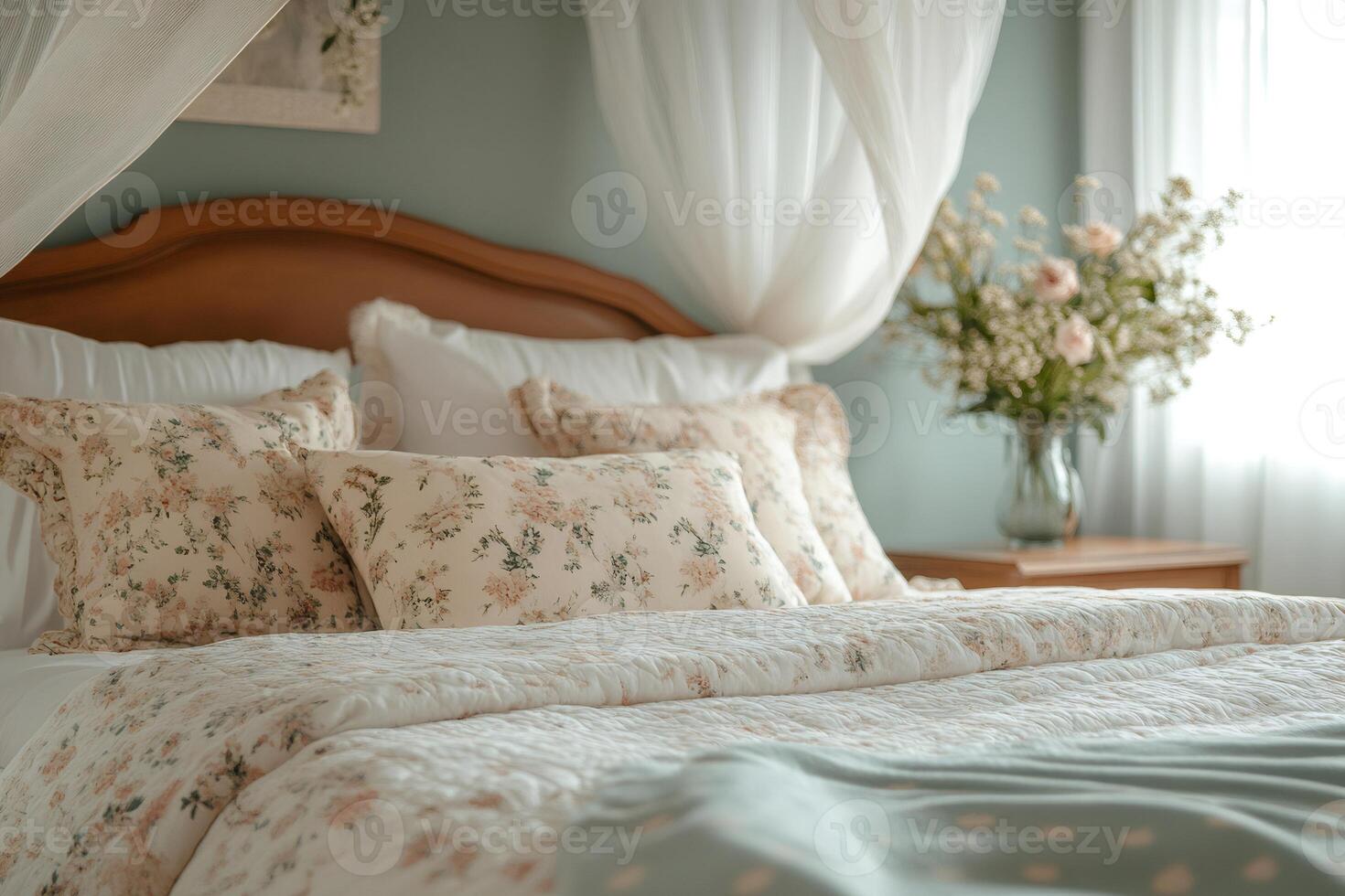 Comfortable bed with floral pattern bedding and canopy in cozy bedroom photo