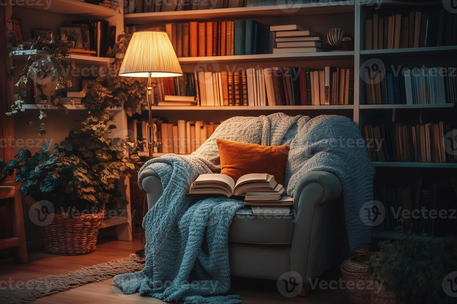 Cozy armchair with books and blanket inviting reading in home library photo