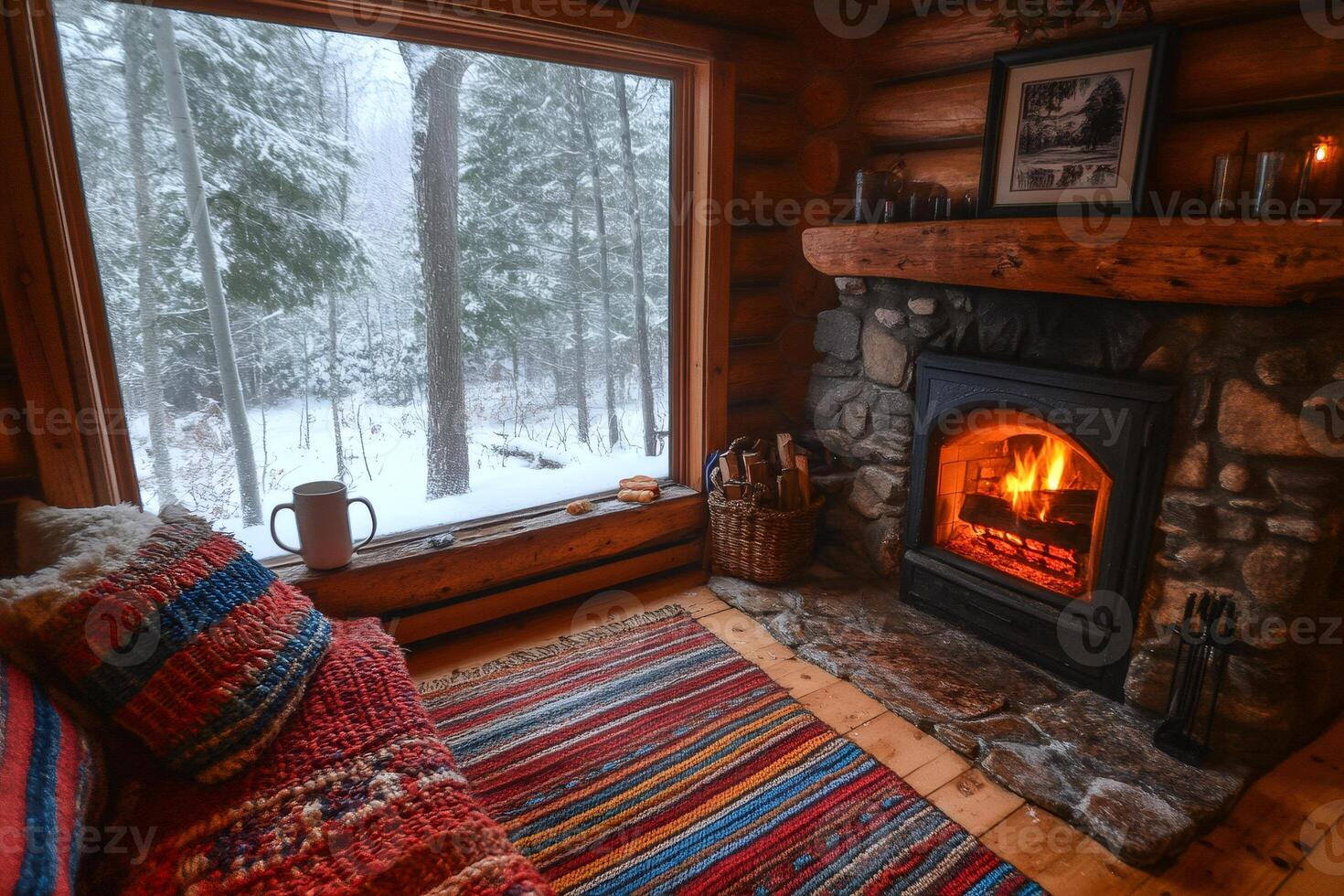 Cozy log cabin interior with fireplace and snowy forest view in winter photo