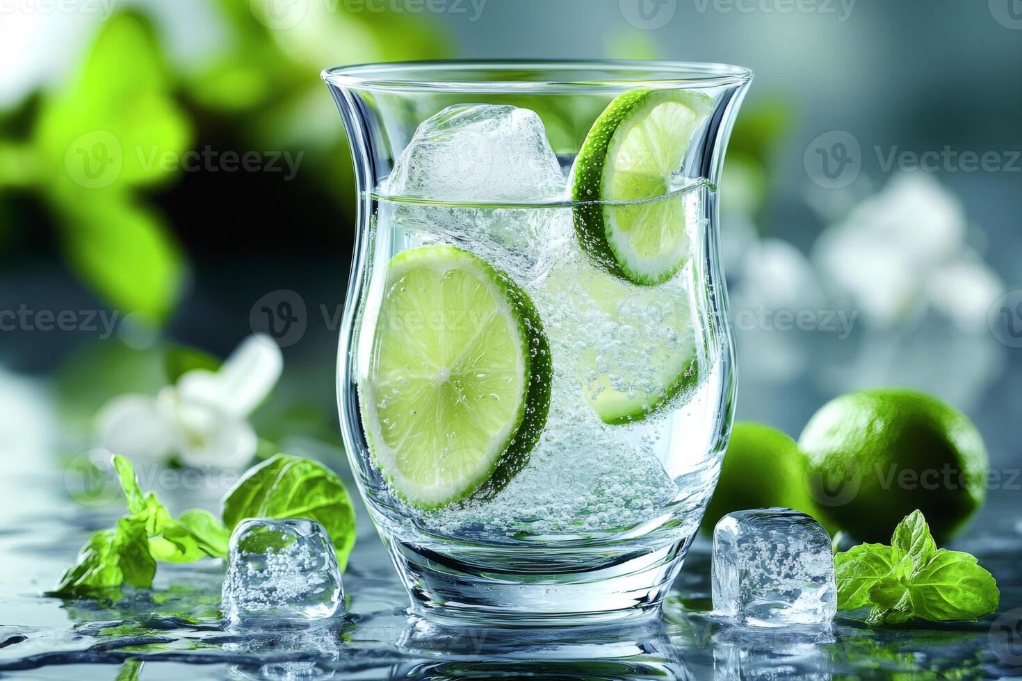 Refreshing sparkling water with lime and ice cubes in elegant glass photo