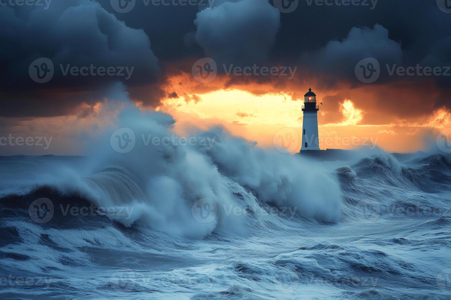 Lighthouse standing strong amidst powerful ocean waves and stormy sky photo