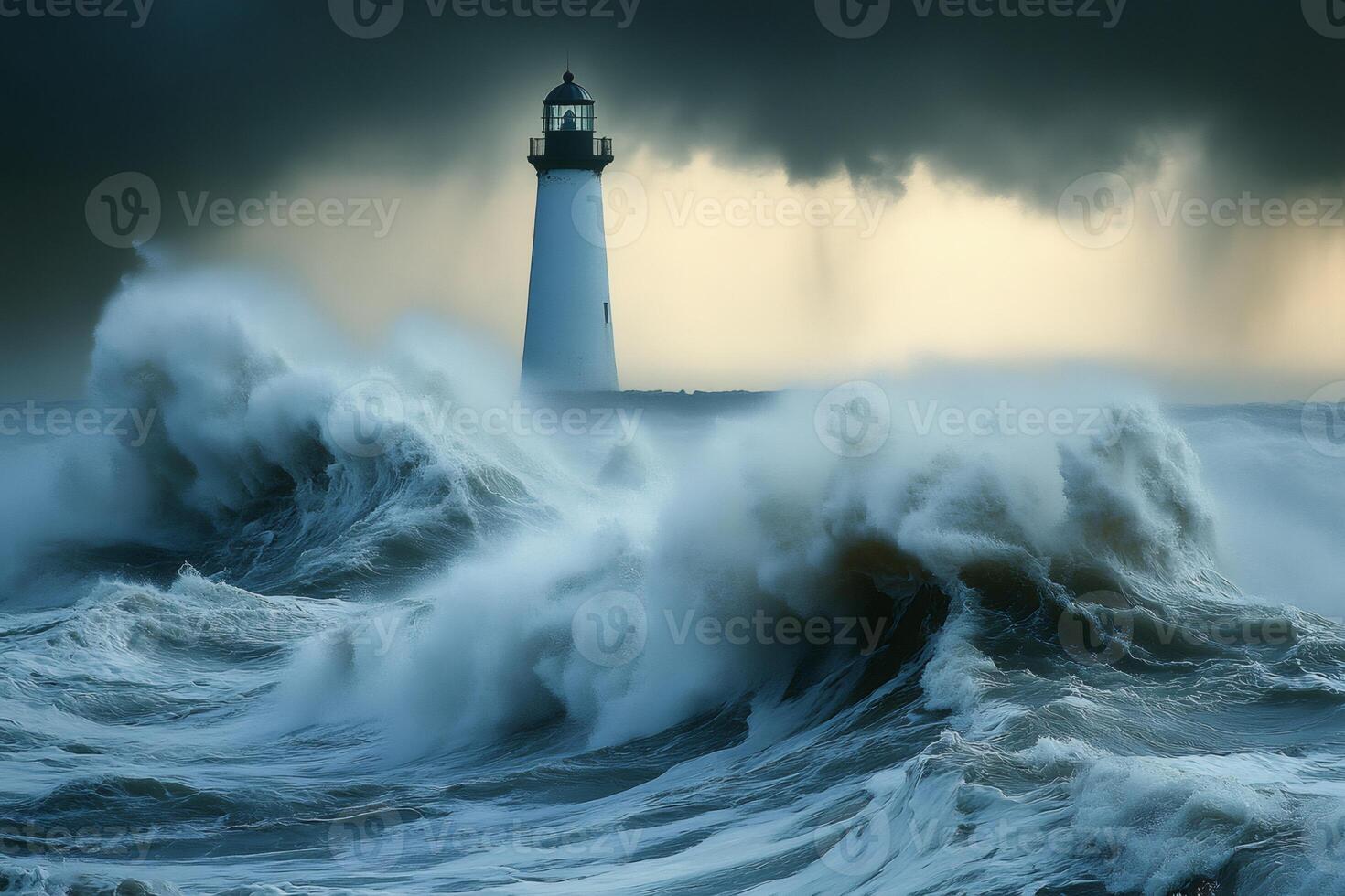 Lighthouse standing strong against crashing waves and stormy sky photo