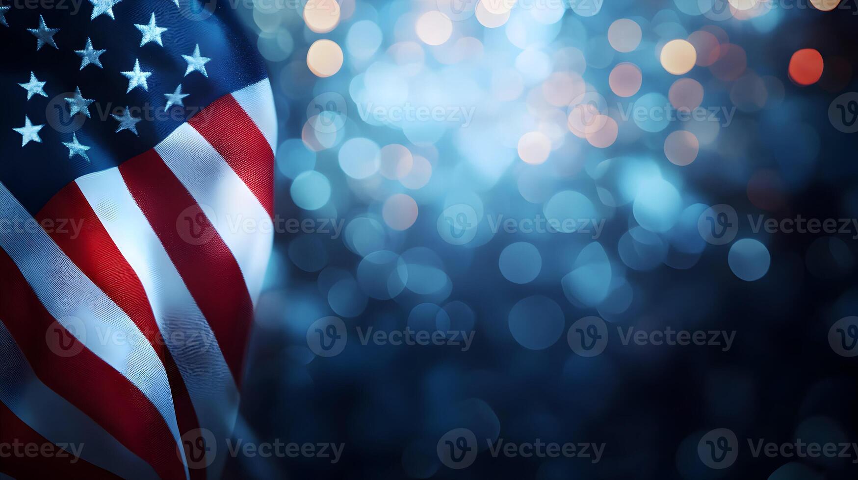 American flag displayed against soft focus bokeh lights creating a patriotic ambiance photo