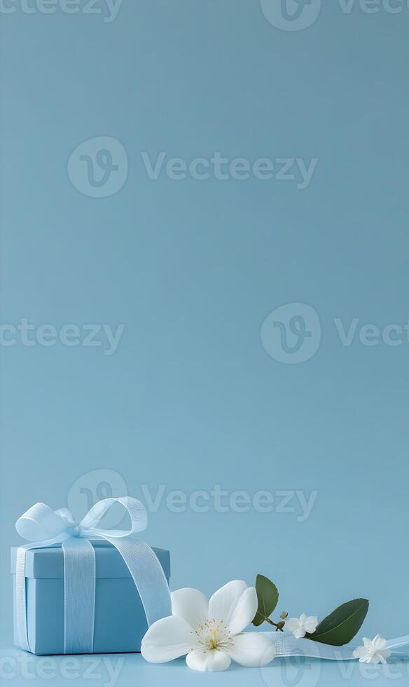 Delicate blue gift box adorned with a white ribbon and jasmine flowers decoration concept photo