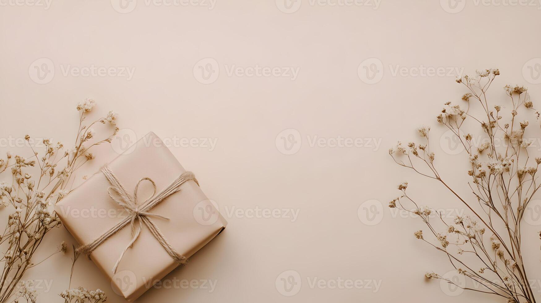 Elegant gift box with delicate twine and floral accents on soft beige background layout photo