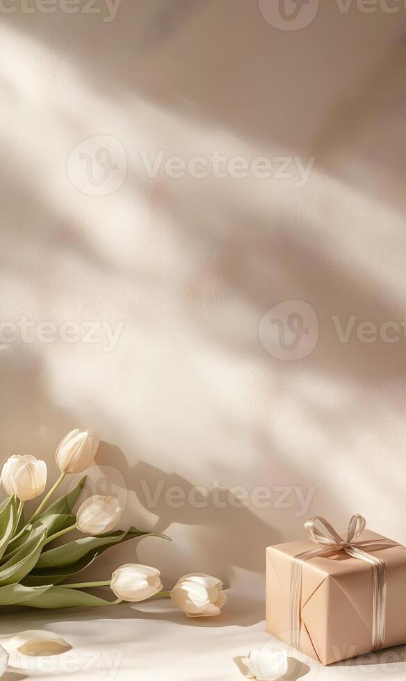 Elegant Gift with Tulips in Gentle Light, a Gesture of Love and Appreciation in Soft Tones photo