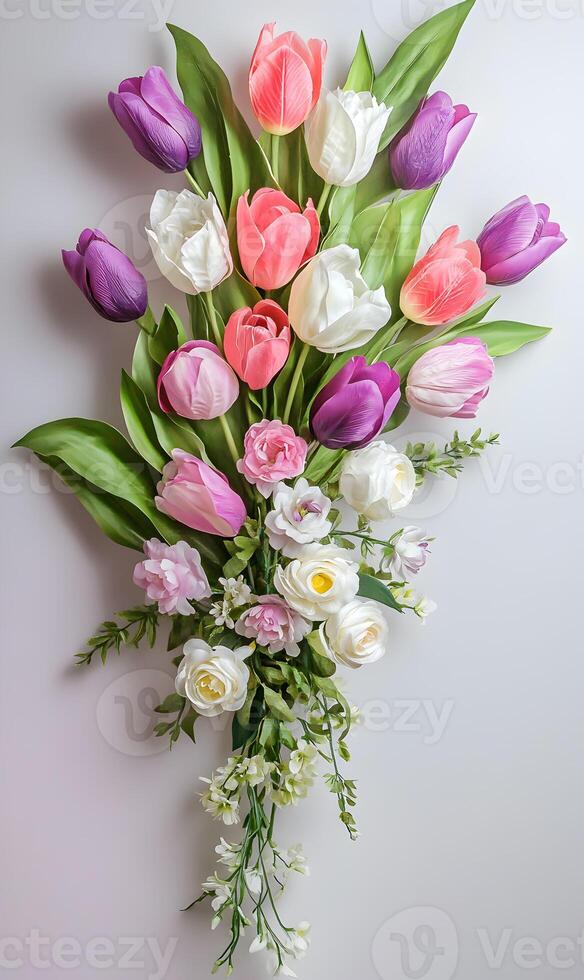 Elegant floral arrangement with tulips and roses creating a vibrant cascade of spring colors photo