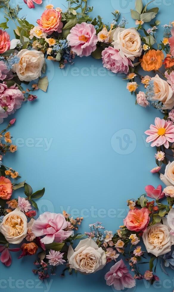 Delicate Floral Arrangement on Azure Surface Creating a Romantic and Elegant Aesthetic photo