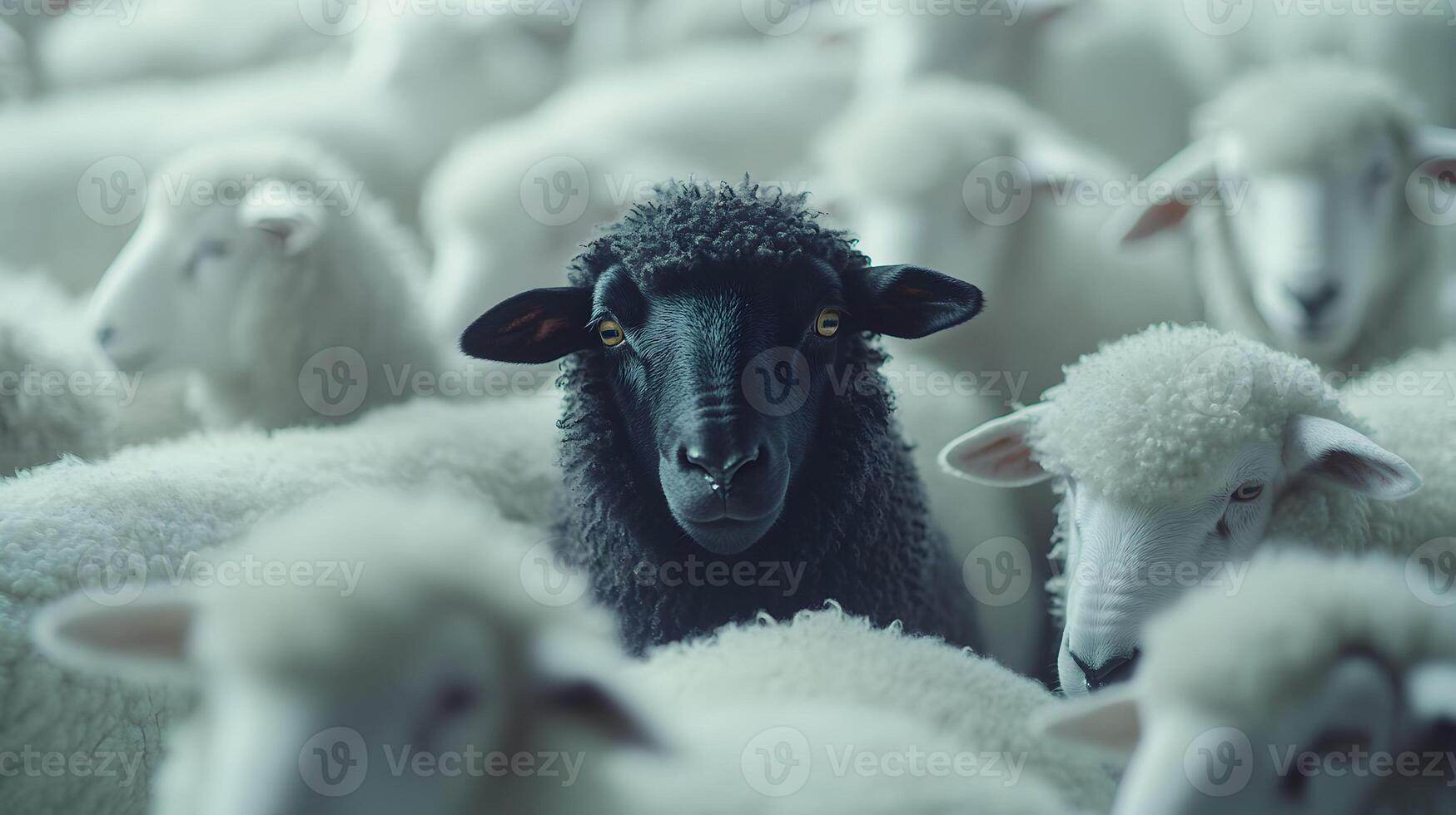 A solitary black sheep gazes outward amidst a flock of white sheep in a tight formation photo