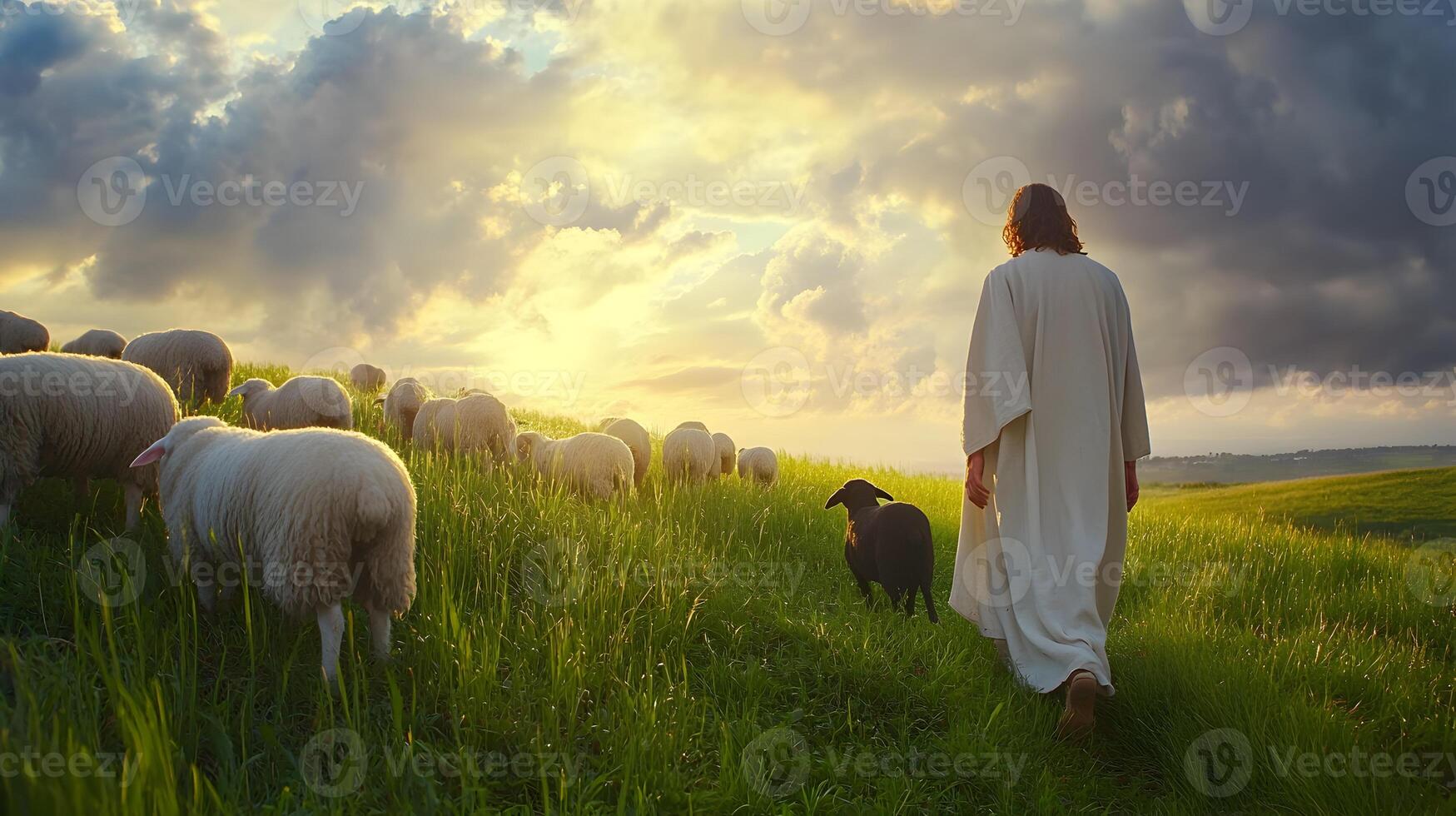Jesus, the good shepherd, leading his flock through a sunlit meadow to green pastures of serenity photo