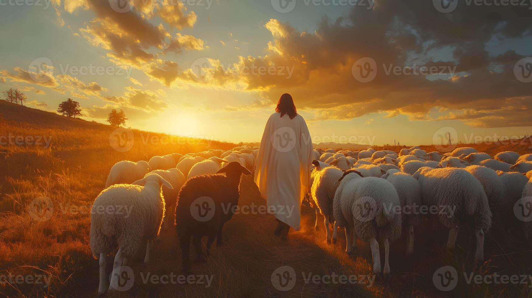 Pastoral Scenery A Figure in White Leading a Flock with a Single Black Sheep at Sunset photo