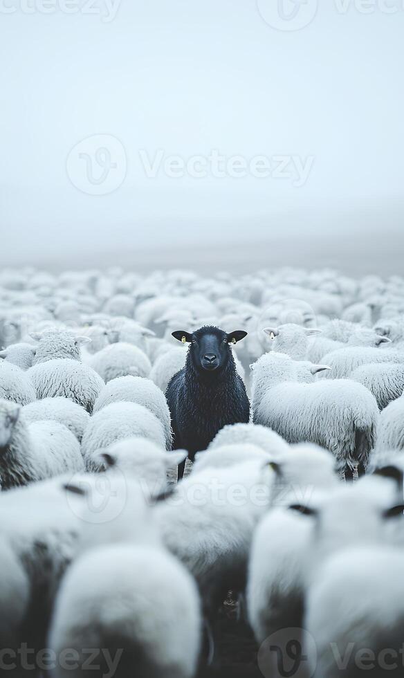 Standing out a sole black sheep surrounded by many white sheep in the dense fog landscape photo