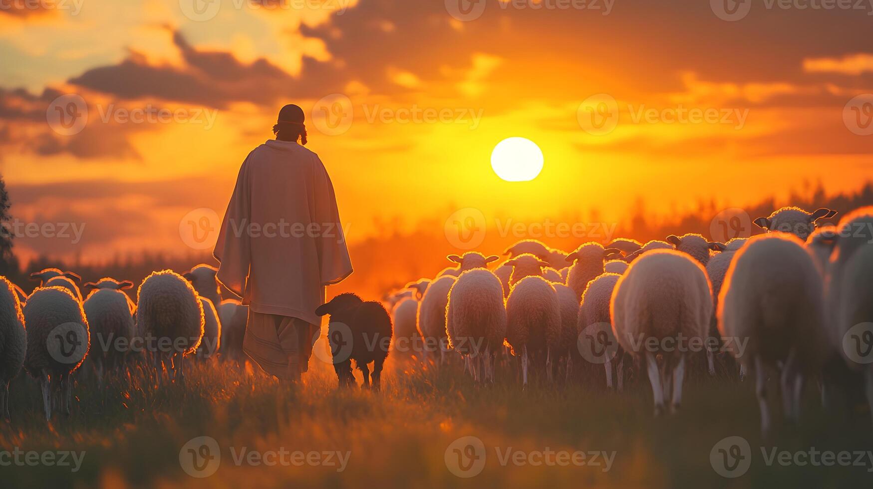 Biblical scene depicting a shepherd guiding a flock of sheep into the golden sunset light photo